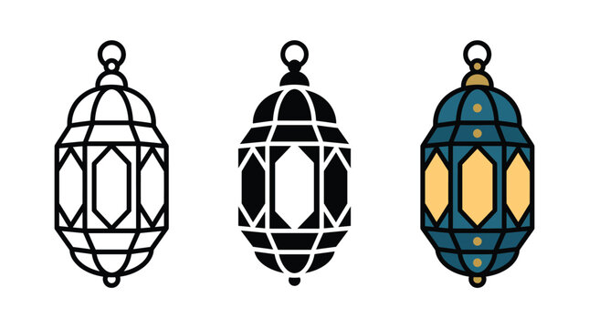 Set of three decorative islamic lanterns in line art solid black and colorful flat vector styles Vector