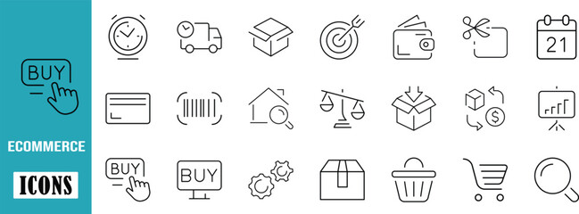 E-commerce business shopping line icons. shopping cart icon set, package icon set, credit card icon set © Masum