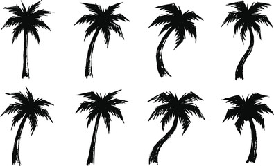 Fototapeta premium Hand drawn grunge palm tree silhouettes vector set for summer beach resort and tropical travel designs