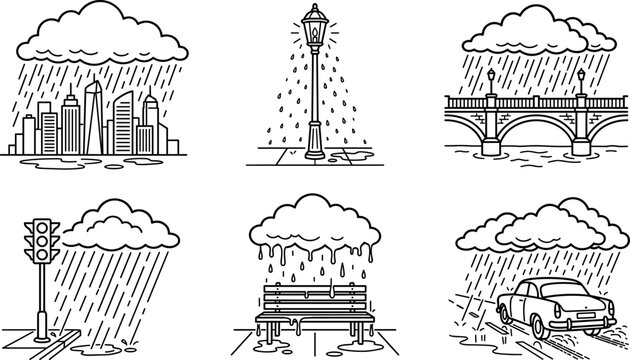 Rainy City Urban Life Line Art Icon Set with Skyscrapers, Street Lamp, Bridge, Traffic Light, Park Bench, and Car in Stormy Weather