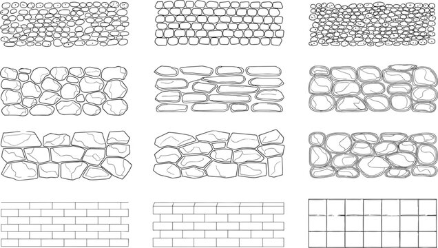 Collection of vector illustrations showing various stone and brick wall textures for architectural design