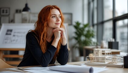 Fototapeta premium Female Architect Thoughtfully Contemplating a New Building Design Project