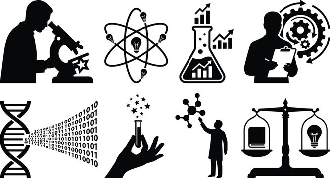 Scientific laboratory research biotechnology development and bioethics vector icon set black silhouette isolated on white background