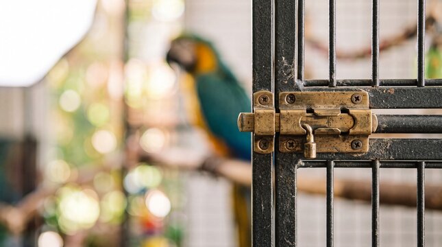 Vintage brass cage lock detail holding metal bars of exotic bird enclosure with colorful macaw parrot blurred in background.