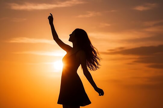 Silhouette of Happy Woman Dancing and Pointing Upwards Facing Sunset Sky