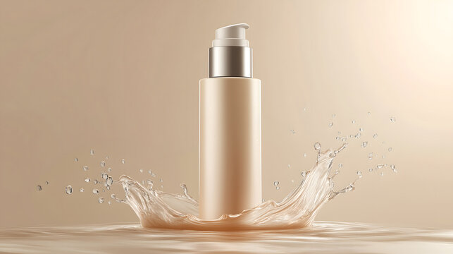 Beige cosmetic spray bottle mockup with water splash on neutral background