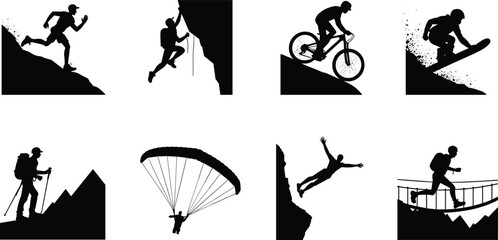 Extreme adventure sports mountain recreation and outdoor tourism vector icon set black silhouette isolated on white background © MSTJOSNA