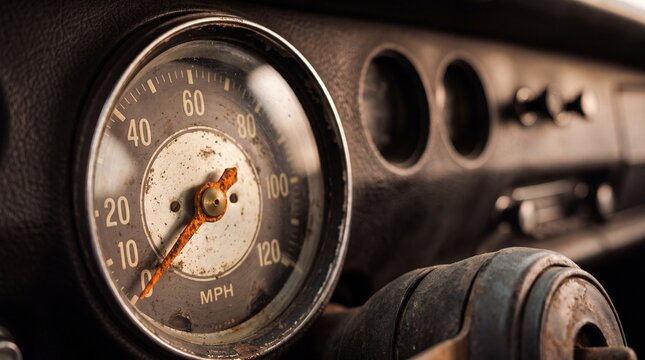 A close-up view of an old and weathered speedometer in a classic car, showing mph readings.