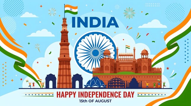 India independence day celebration qutub minar red fort and national flag vector illustration