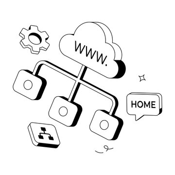 glyph sitemap diagram with cloud, linked nodes, home sign, and gear.