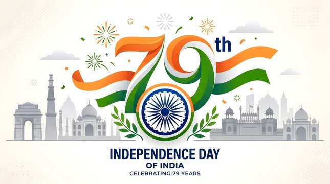 India independence day 79th anniversary illustration with landmarks and national flag for patriotic celebrations