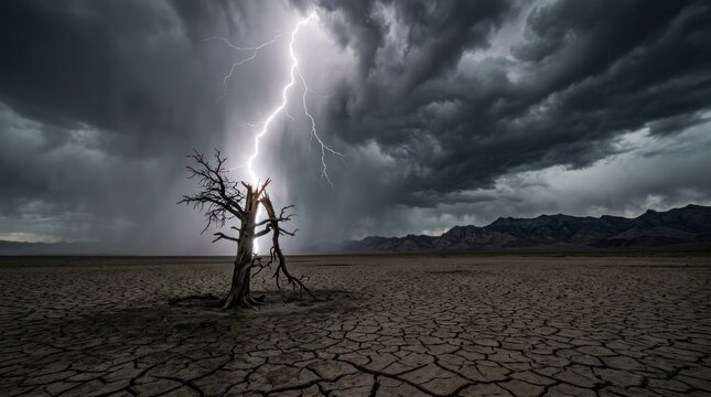 Tree struck by lightning in arid landscape