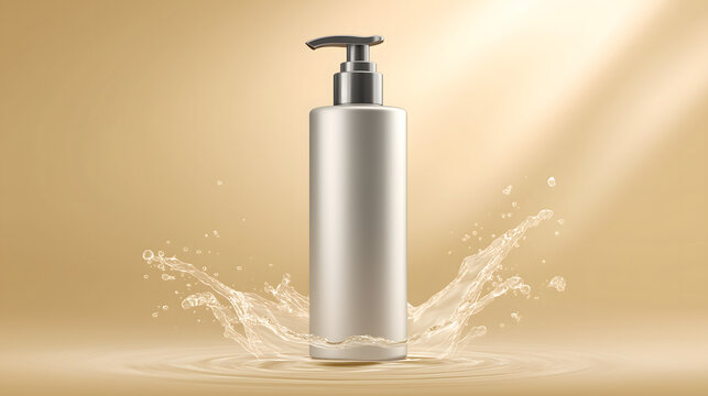 Beige cosmetic pump bottle mockup with water splash on gold background