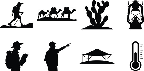 Desert exploration safari travel hiking adventure and camping equipment vector icon set black silhouette isolated on white background © MSTJOSNA