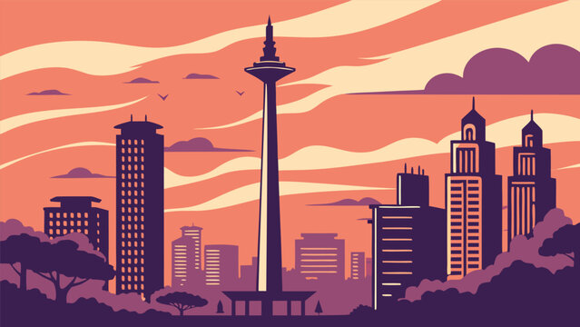 Jakarta Monas Tower City Skyline at Sunset Vector Illustration with Skyscrapers, Orange Sky and Retro Vintage Poster Style Background