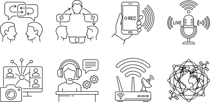Communication and broadcasting technology icons set vector line art illustration featuring podcast livestreaming global network customer service router
