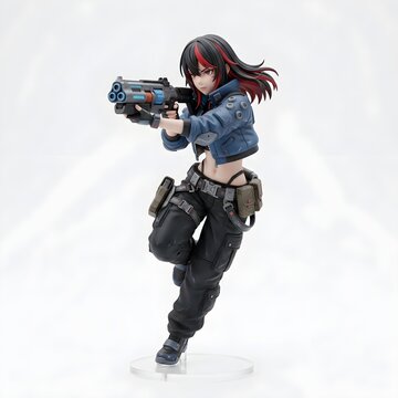 3D anime-style woman with futuristic gun and tactical gear on white background