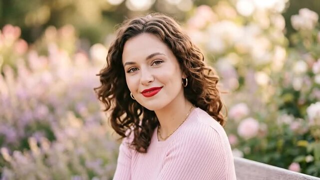 Woman with curly hair smiles gently in garden with colorful flowers around her