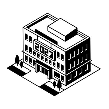 A simple isometric illustration of a modern office building icon
