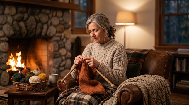 A person knitting a soft wool scarf by the warm glow of a fireplace during a cozy autumn evening, piles of yarn, textured blankets, soft ambient lighting, hygge concept
