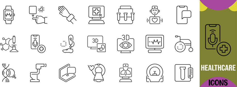 Digital healthcare technology vector icons. prosthetic icon set, microscope icon set, dna icon set