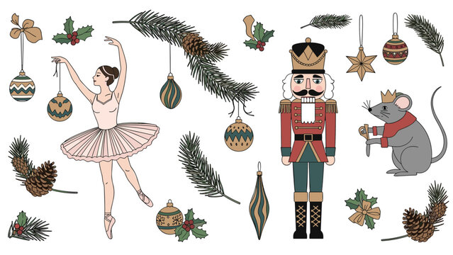 Variety of Nutcracker ballet themed illustrations featuring a graceful ballerina, traditional nutcracker, and festive ornaments.