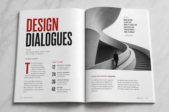 Magazine spread mockup. Open brochure template design. Professional editorial layout.