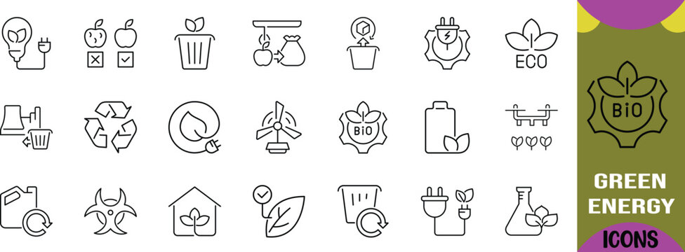 Green energy environment vector icons. recycle icon set, wind turbine icon set, lightbulb icon set