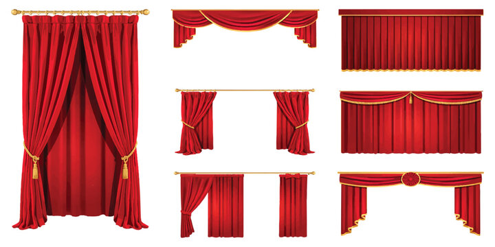 Set of luxury red curtains and drapes for theater stage or window decoration