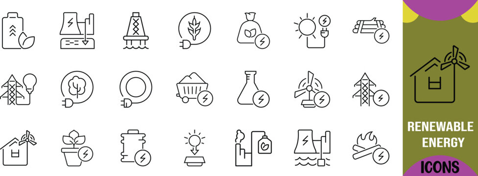 Renewable energy source line icons. battery icon set, pylon icon set, dam icon set