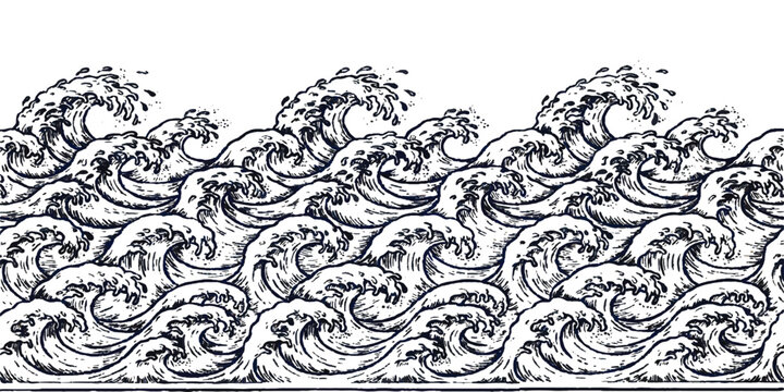 Seamless pattern of black and white hand drawn ocean waves in engraving style