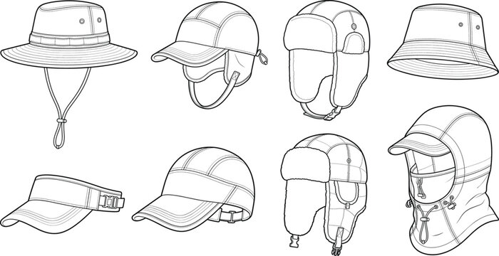 Men and women outdoor hats and headwear set vector line art illustration featuring baseball cap bucket hat and winter ushanka