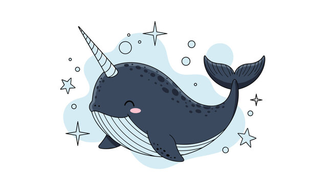 Adorable narwhal illustration swimming through a blue starry sky with soft clouds and sparkling elements in a cartoon style.
