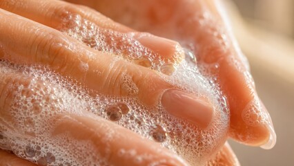 Fototapeta premium Close up of hands washing with soapy foam lather