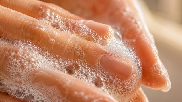 Close up of hands washing with soapy foam lather