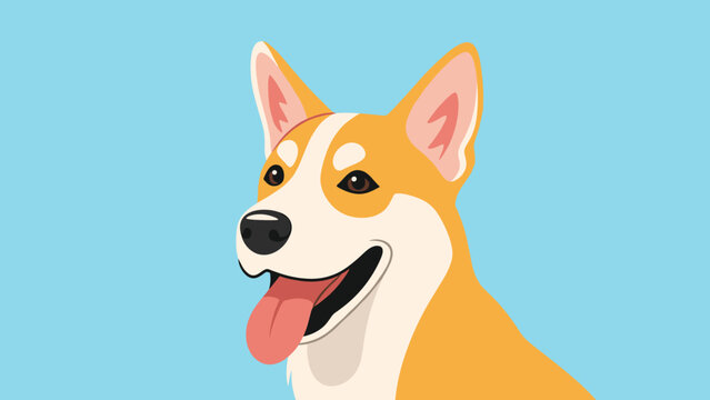 Happy and smiling corgi dog portrait with its tongue out against a solid blue background showing joy and canine energy.
