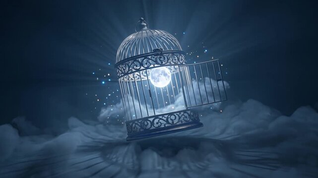 Surreal conceptual art featuring a glowing full moon trapped inside an ornate vintage birdcage floating above misty clouds in a dark ethereal night sky