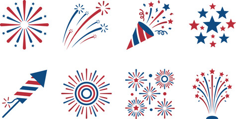 Fototapeta premium Patriotic Fireworks Celebration Icons Set in Red Blue Colors for Holiday Event Design