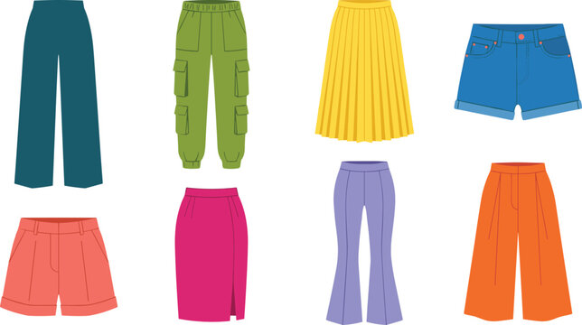 Colorful Women Bottom Wear Collection with Pants Skirts Shorts and Fashion Apparel Vector Set