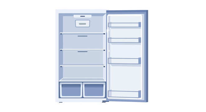 Clean Minimalist Flat Illustration of an Empty Open Refrigerator with Shelves and Crisper Drawers for Kitchen Interior and Storage Concepts