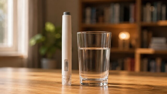 Medical auto-injector pen and water glass on desk