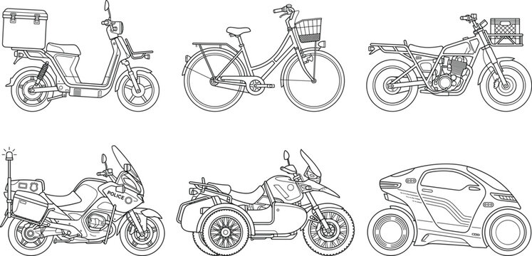 Two wheeled and three wheeled transport set vector line art illustration featuring bicycle scooter police motorcycle and futuristic electric car
