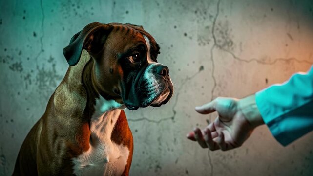 Boxer Dog Facing Human Hand.