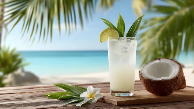 Refreshing tropical coconut cocktail with ice, mint and a festive umbrella beside whole and halved coconuts on a splashing wet surface under a palm leaf, evoking summer getaway