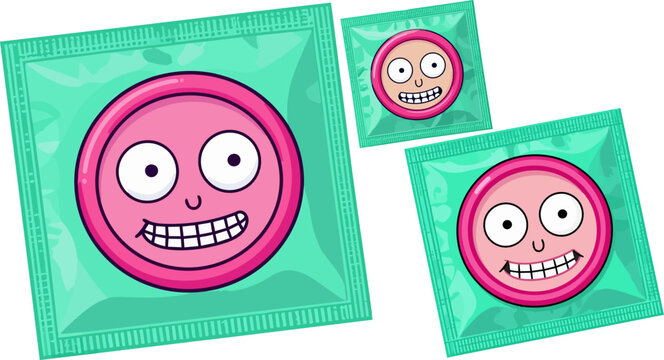 Funny condom wrappers, cartoon condoms, smiling contraceptives, colorful protection