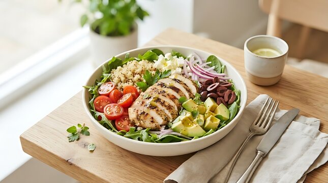 Healthy Mediterranean Grilled Chicken Salad Bowl with Avocado Quinoa and Feta