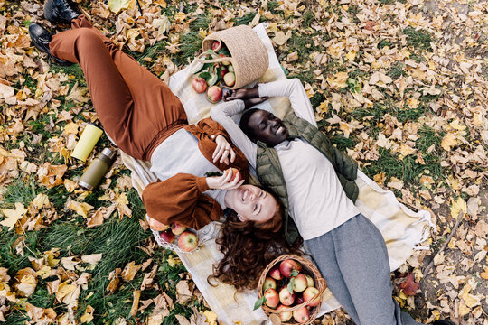 Carefree diverse female friends laughing together during cozy autumn picnic with fresh apples