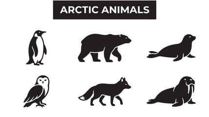 Black silhouettes of Arctic animals on white background including penguin polar bear seal owl arctic fox walrus © SHAHZAD