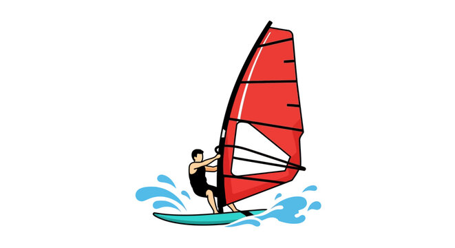 Windsurfer with red sail and blue water splashes a vibrant vector silhouette windsurfing sailing ocean