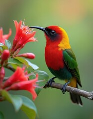 Fototapeta premium Colorful tropical bird sits on branch near bright red flower. Small creature feeds on nectar in garden. Wild animal with yellow red, green feathers looks at blossom. Exotic wildlife species rests on